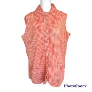 Vintage Orange and White Gingham Sleeveless Button Down Top Size X Large